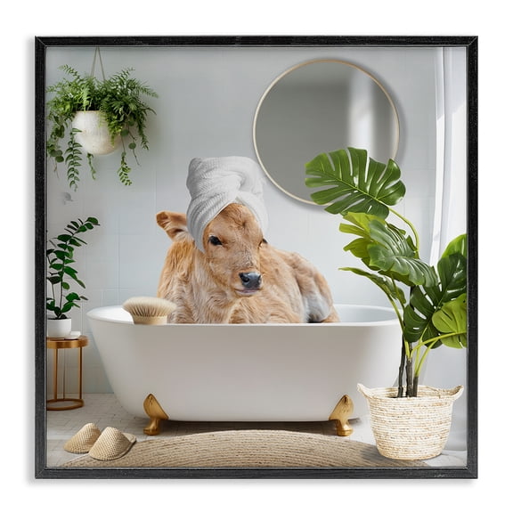 Stupell Industries Pampered Cow in Bath Animals Painting Black Framed Art Print Wall Art, 12 x 12