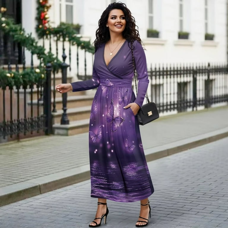Fkelyi Womens Fall Maxi Dress Purple Butterfly Print V-Neck Long Sleeve Casual Dress with Pocket A-Line Flowy Tiered Dresses for Spring Winter, L
