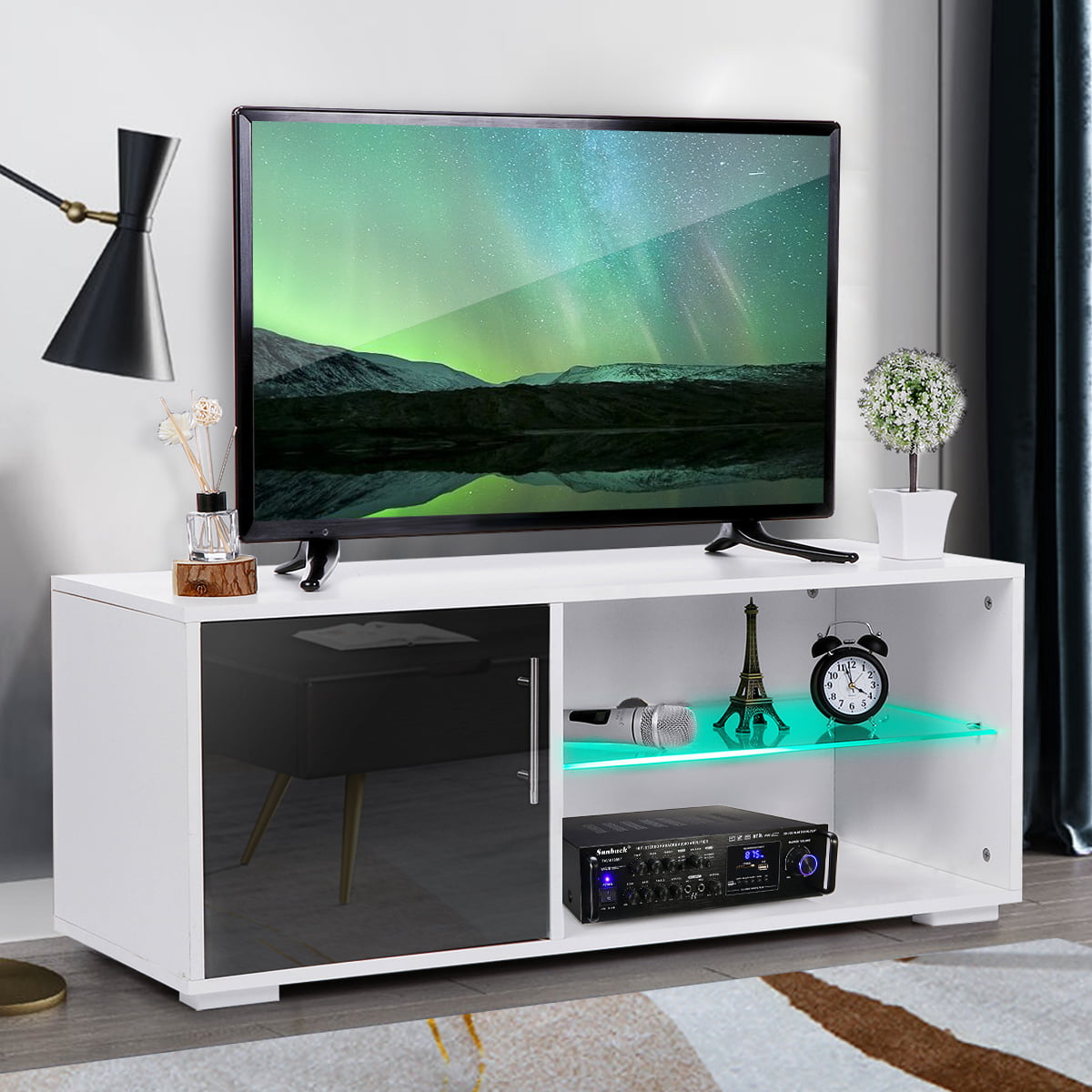 39" Modern High Gloss TV Stand Cabinet with LED Shelves ...