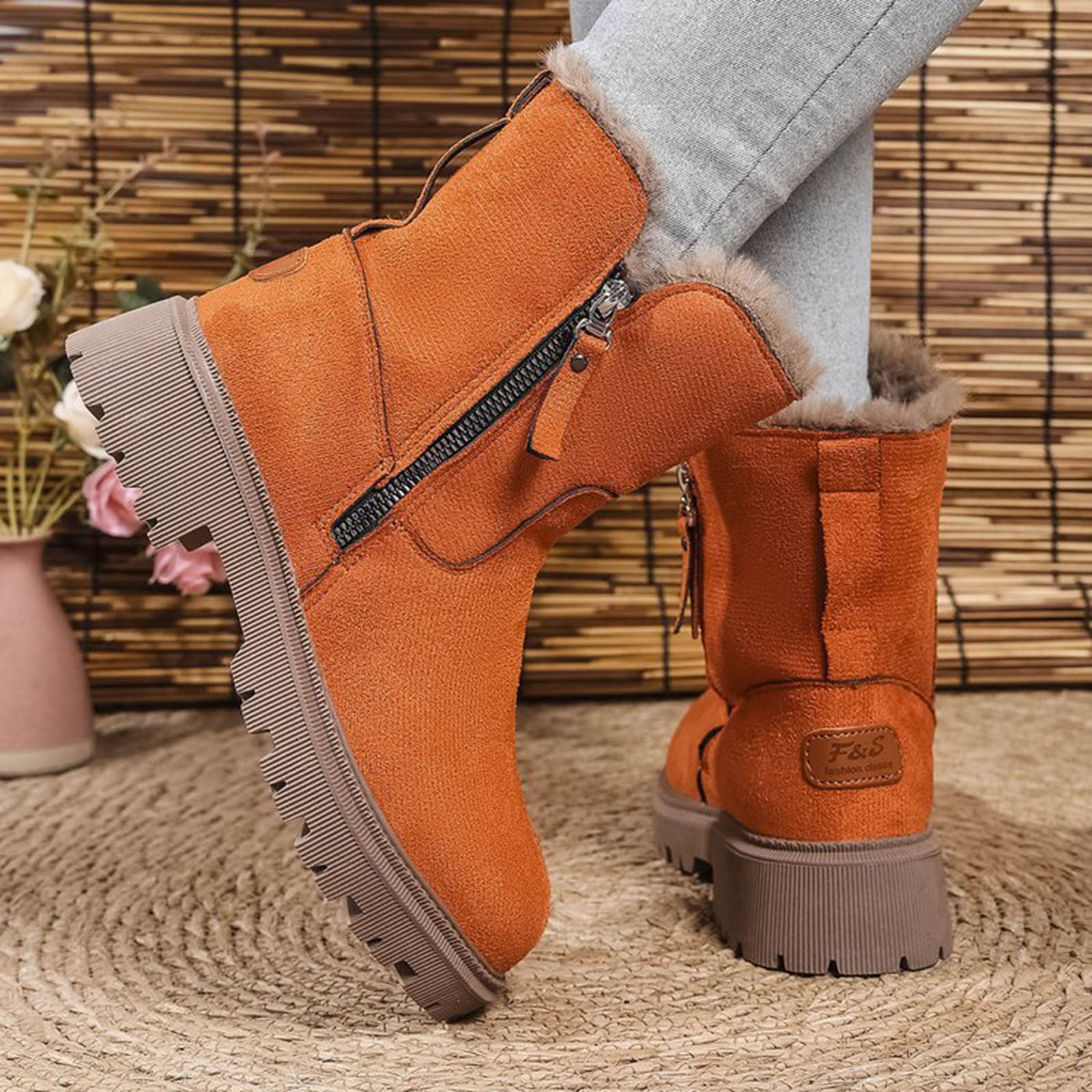 Xfvqtps Thermal Winter Boots for Women Warm Furry Lined Mid Calf Boots Waterproof Snow Shoes Non Slip Sole Outdoor Hiking Booties Comfortable Orange