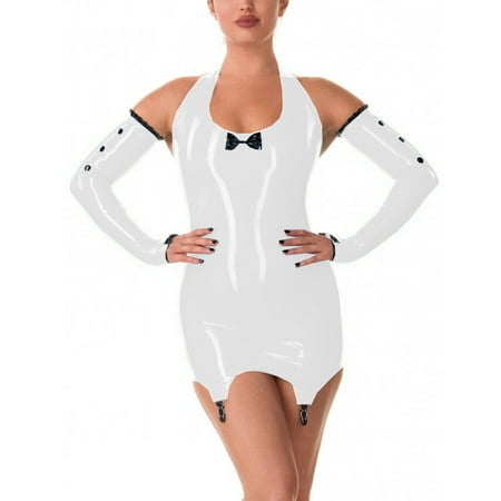 Women Sexy Halter Sleeveless Dress PVC Leather Bodycon Dress with Garter Clips Gloves Lingerie Mini Dress