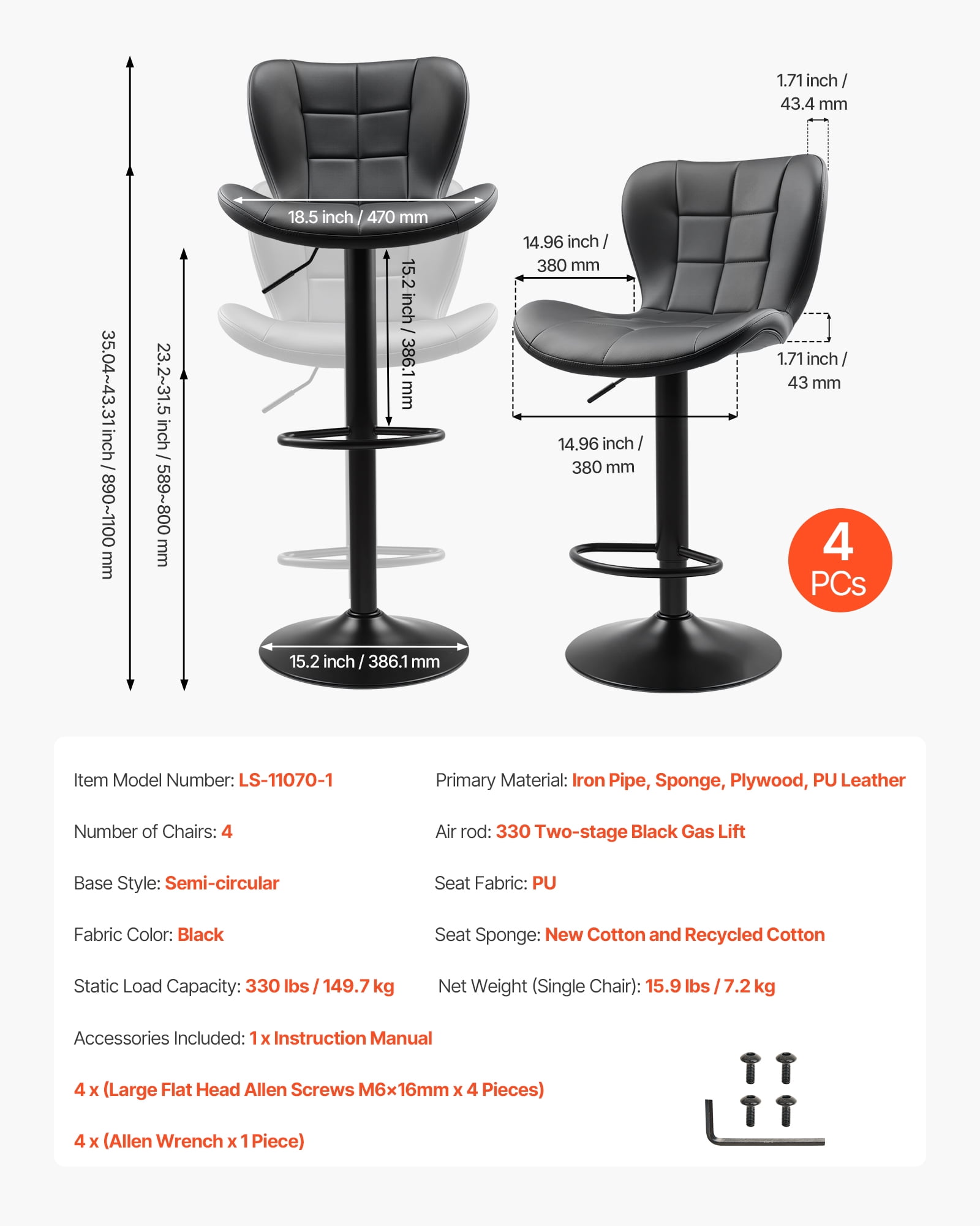 VEVOR Bar Stool Set of 4,Modern PU Leather Counter Height Stools,Swivel Kitchen Barstool with Back and Footrest, Height Adjustable Armless Bar Chair, Island Barstools for Kitchen, Dining Room, Black
