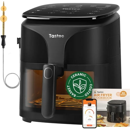 Ceramic Air Fryer, 8-in-1 Compact 5.5QT AirFryers, 450°F Digital Airfryer Dehydrator with Smart Probe, 24 Presets One-touch Cooking, In-app Recipes with Window, Dishwasher-safe & Non-stick