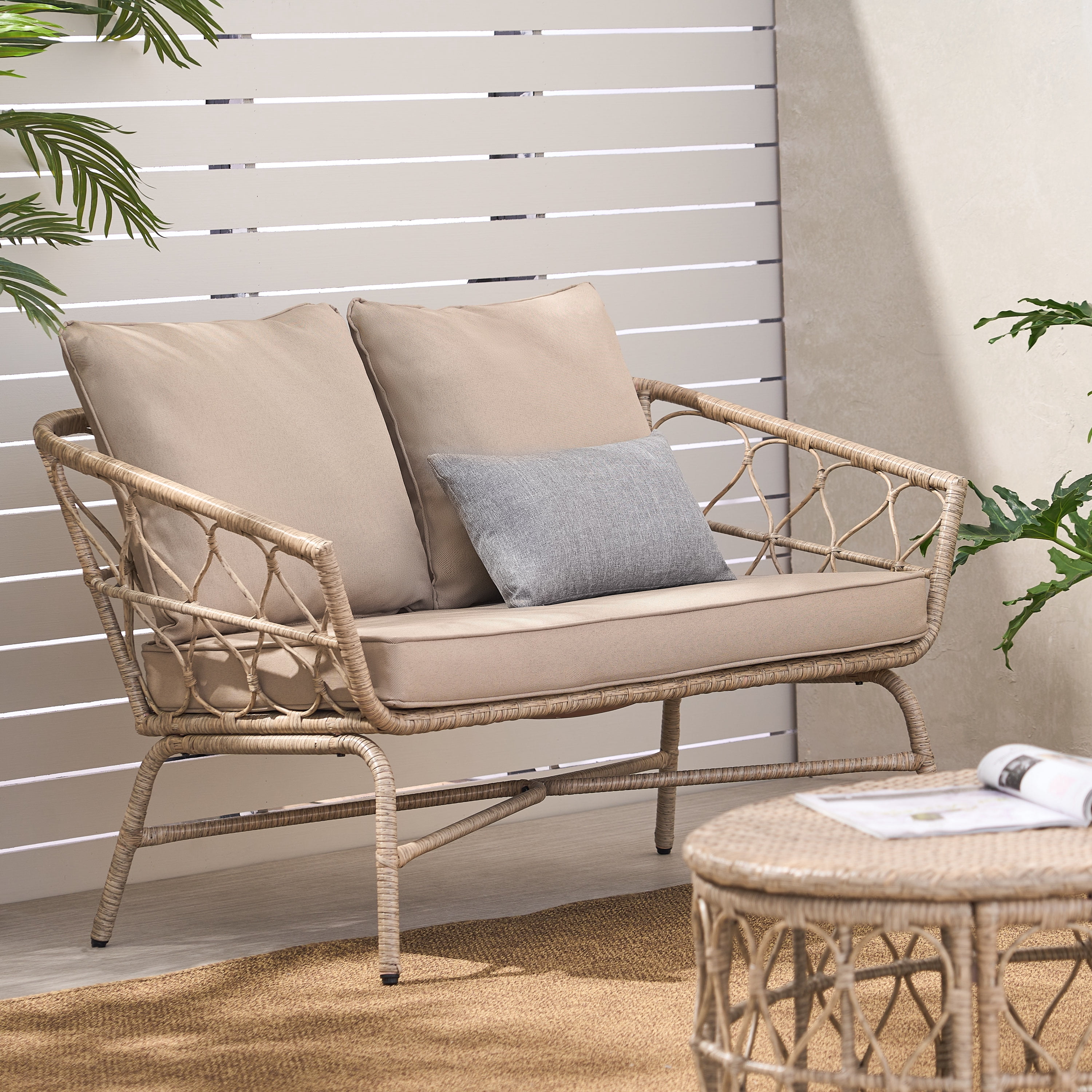 Outdoor Wicker Weave Double Seat Sofa, Leisure Couch for Patio Garden, Light Brown and Beige