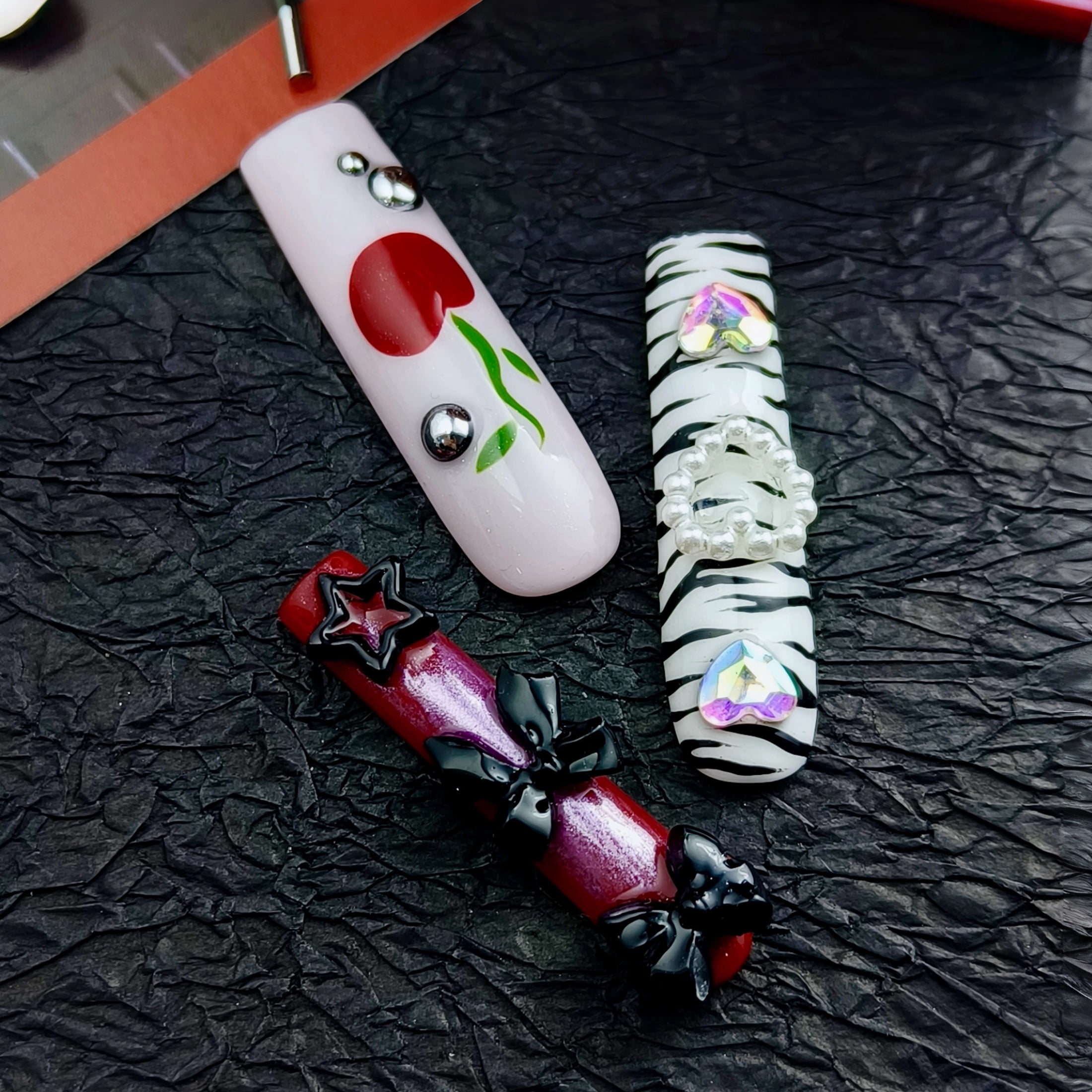 10pcs Square Long Handmade Y2K Nails - Black White Red Pink Designs, 3D Stars, Hearts, Bows & Rhinestones, Summer Cool Edgy Goth Press On Nails