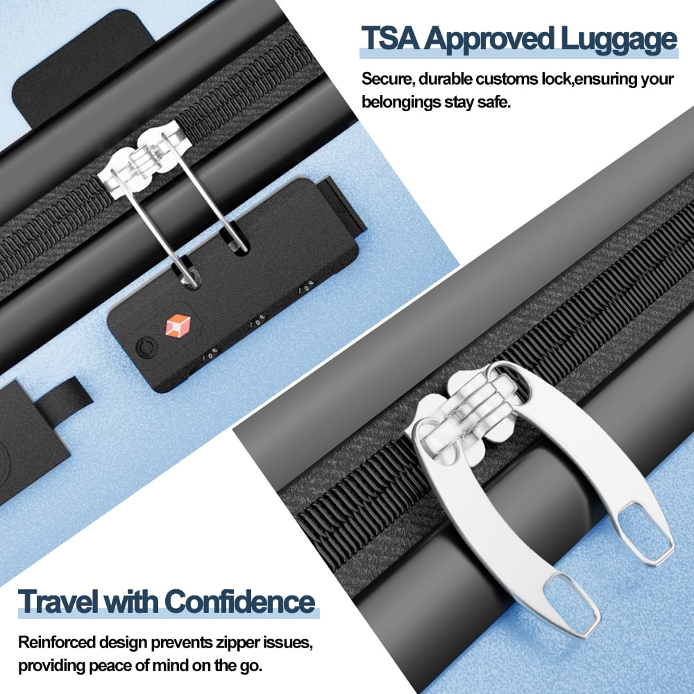 Checked Luggage PC ABS Hardside Suitcase with wheels USB Port Lightweight Luggage with TSA Lock 28 inch LightBlue