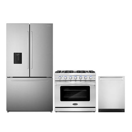 3 Piece Kitchen Package with 36  Freestanding Gas Range 24  Built-in Fully Integrated Dishwasher & French Door Refrigerator