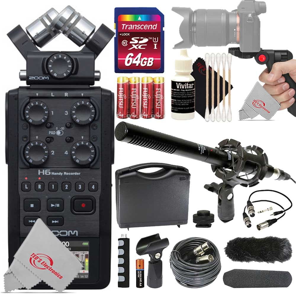 Zoom H6 All Black (2020 Version) 6-Track Portable Stereo Microphones, 4 XLR/TRS Inputs with 64GB Top Accessory Kit