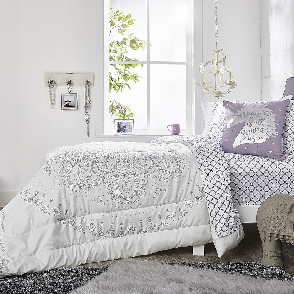 OCM College Dorm 7Piece Bedding Bundle in Kiara Silver White, Grays