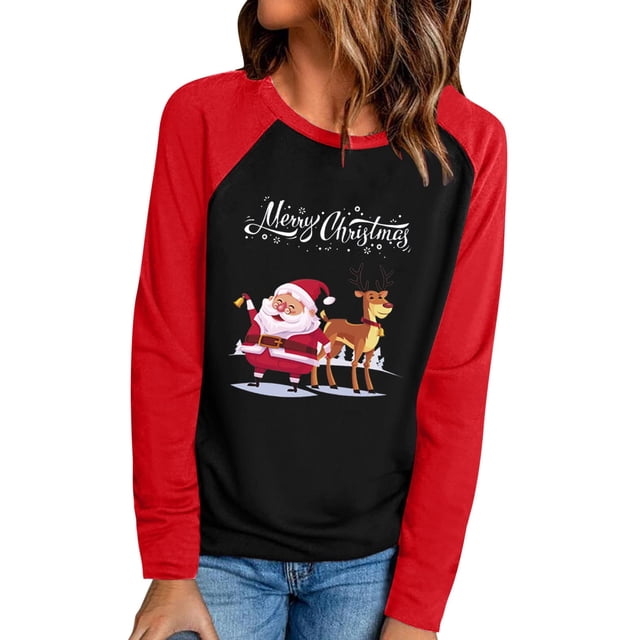Camisas de manga larga ligeras con cuello redondo de Navidad para mujer Camisas de túnica de otoño para mujer Tops de otoño Pompotops FGAJ10244