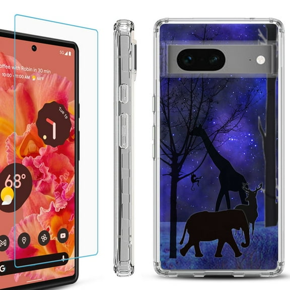 Shockproof Bumper Phone Case for Google Pixel 7, with Tempered Glass Screen Protector, by OneToughShield ® - Midnight Safari