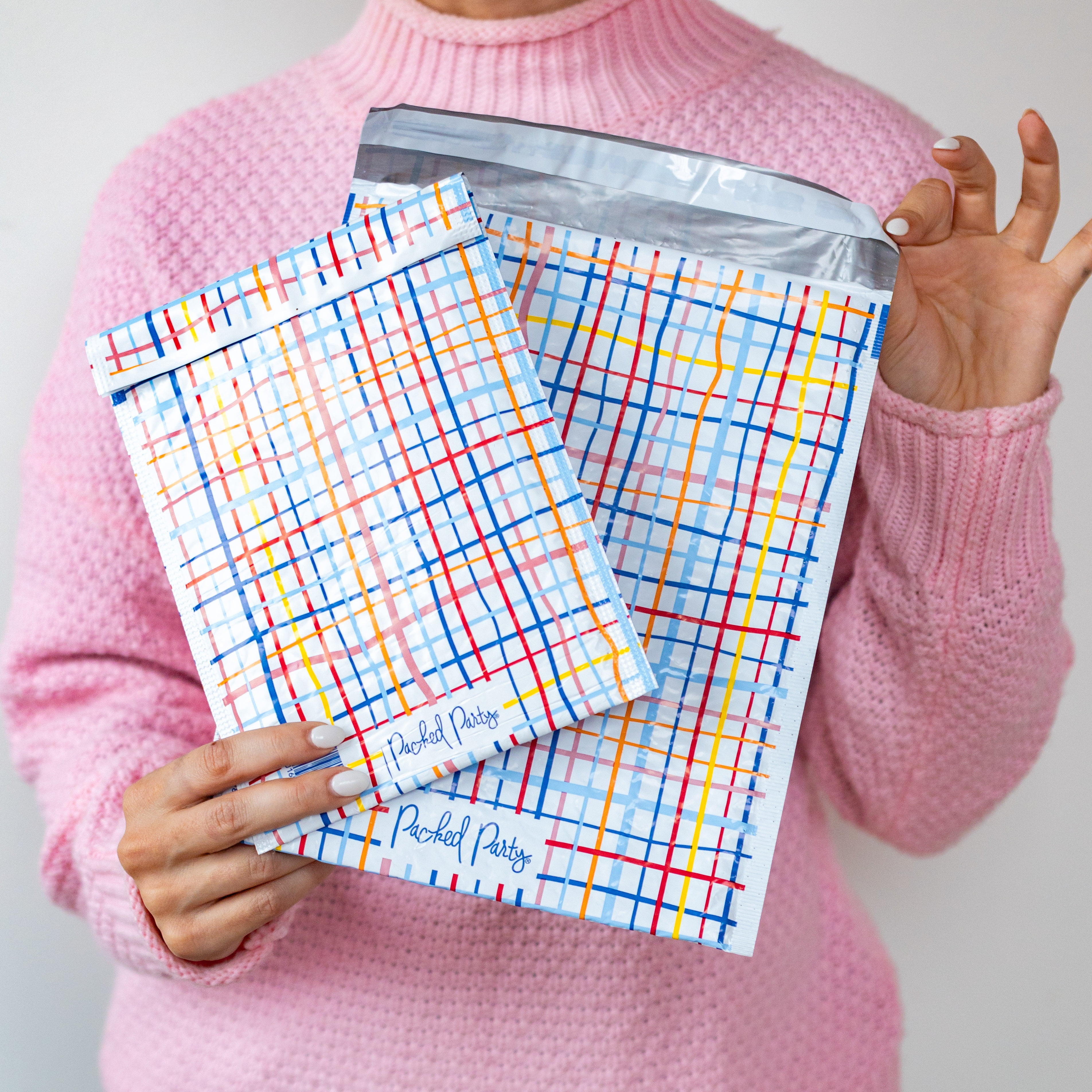Packed Party, Poly Bubble Mailers, #0, 6" x 9", Grid Print, 2-Pack