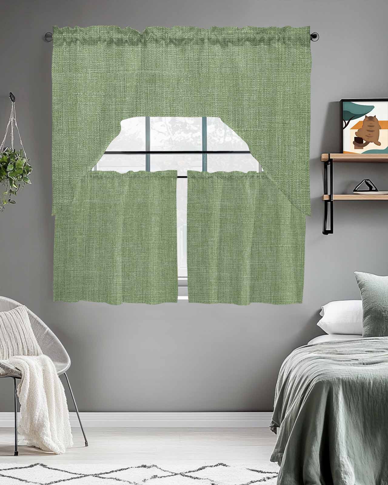 Vintage Forest Green Kitchen Curtains Swag Valance and Tier Curtains Set 24 Inch Length, Farmhouse Retro Solid Color Linen Texture Rod Pocket Drape Panels Pair Swag Curtains for Bathroom/Cafe/Window
