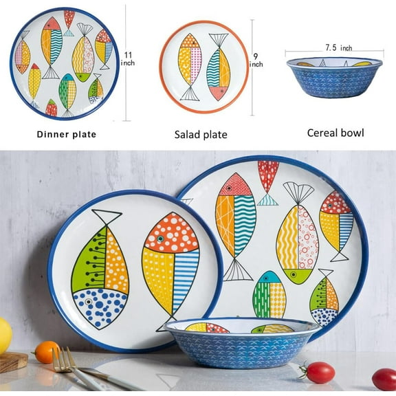 Melamine Dinnerware Set for 4 with Fish Print Design