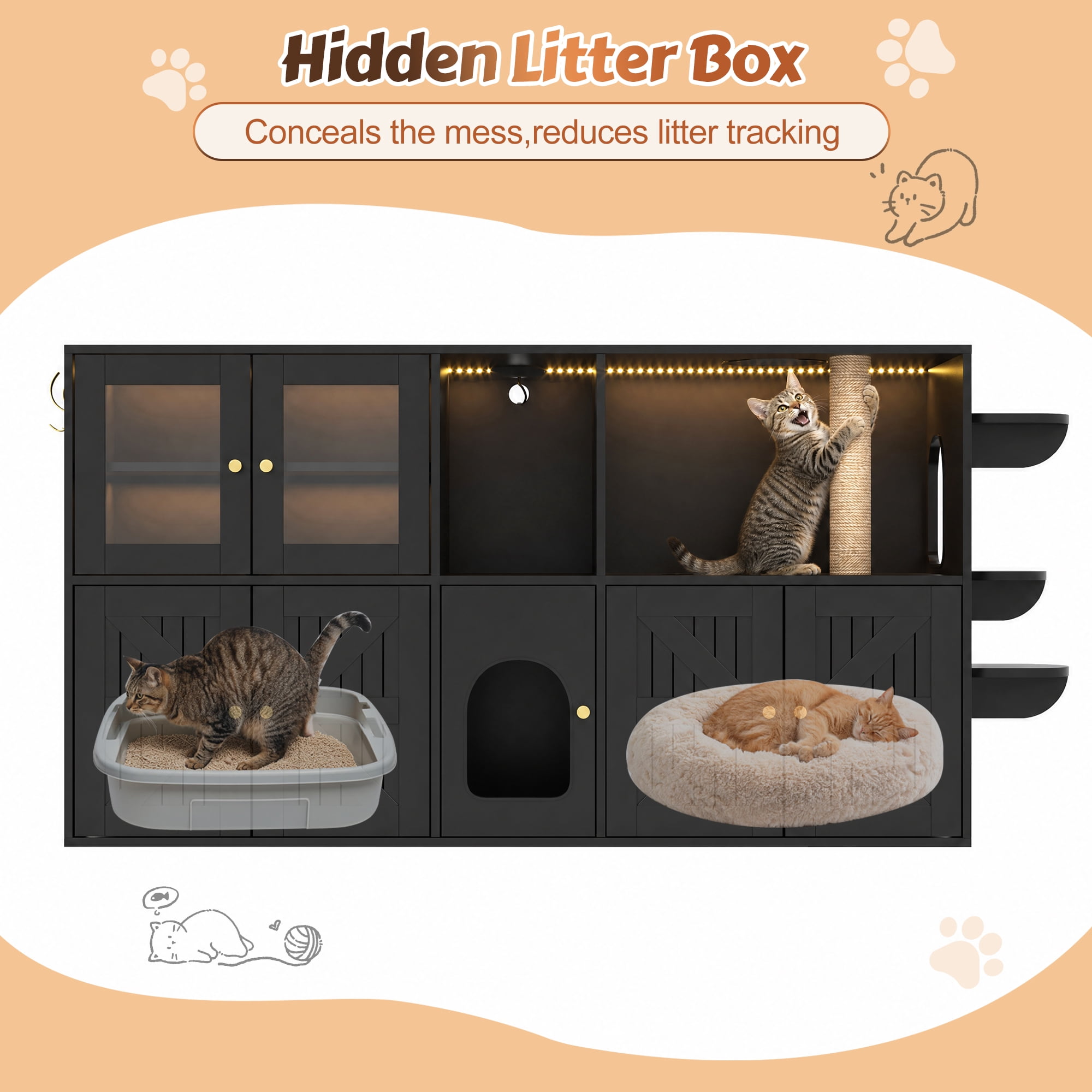 Aukfa 73.2" Cat Litter Box Enclosure TV Stand Furniture with Built-in Scratching Post & LED,Black