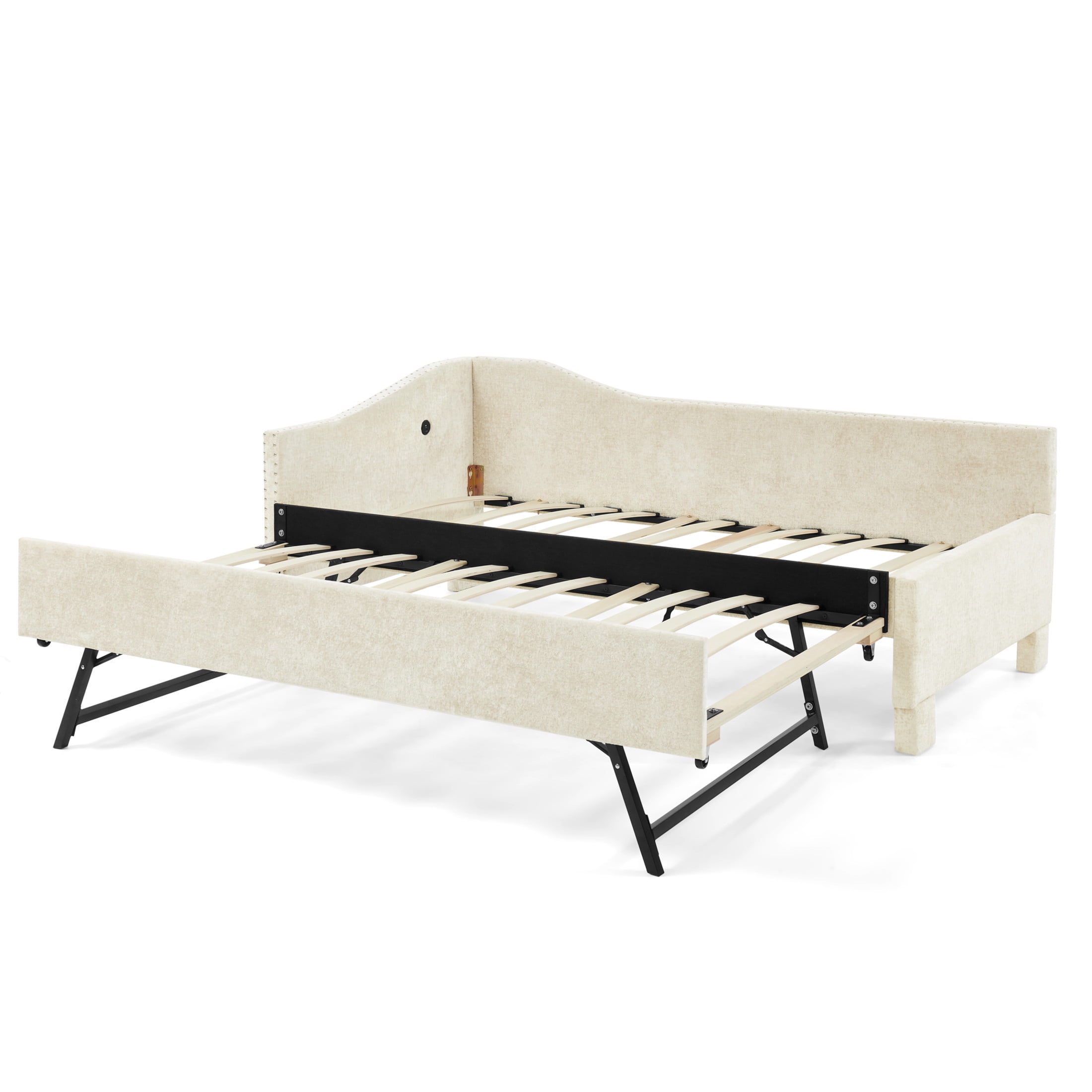 Noble House Phineas Full Size Chenille Padded Daybed, Sofa Bed Frame with Twin Trundle and Charging Port, Beige