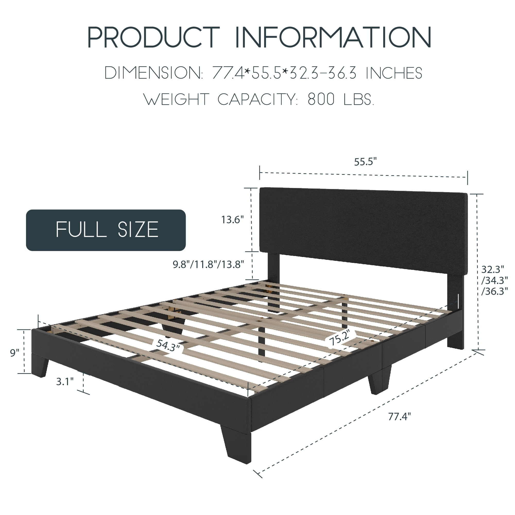 Einfach Full Size Black Leather Upholstered Bed Frame with Adjustable Headboard, No Box Spring Needed, Low