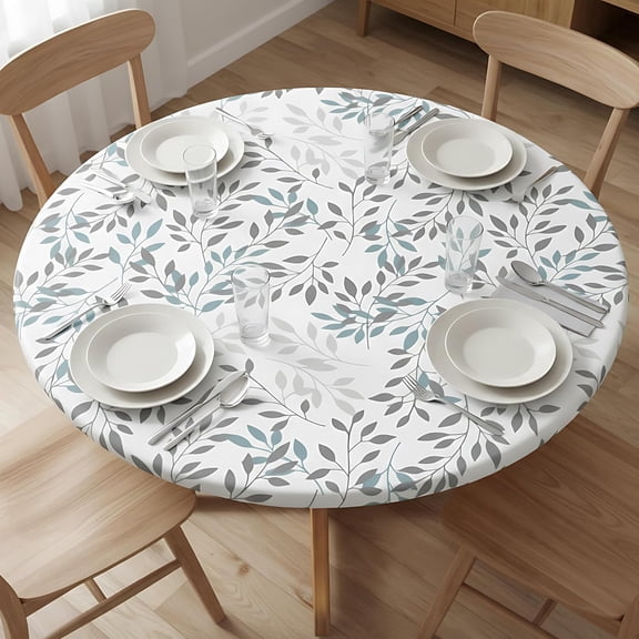 Elastic Edged Round Leaf Fitted Table Cloth Cover, Home Decorative Tablecloth for Indoor Outdoor Kitchen Party, Fits 40" - 44" Tables, Small