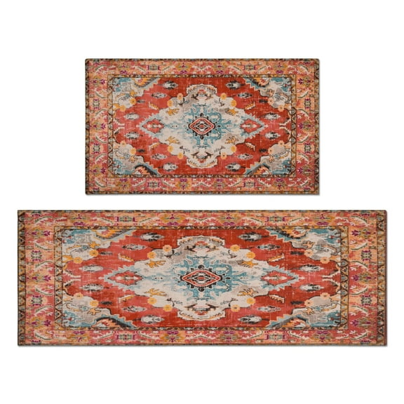 2 Piece Bohemian Orange Ethnic Retro Carpet Rug Kitchen Rug Set, Decor Kitchen Rugs, Absorbent Non-Slip Washable Floor Mats, Home Indoor Runner Rugs 17"x47" 17"x30"