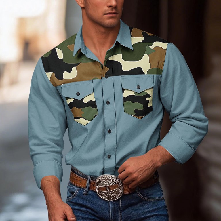 RongHuan Men's Big and Tall Camo Work Shirt Outdoor Long Sleeve Button Down  Shirts Patchwork Lapel Jacket with Flap Pockets - Walmart.com