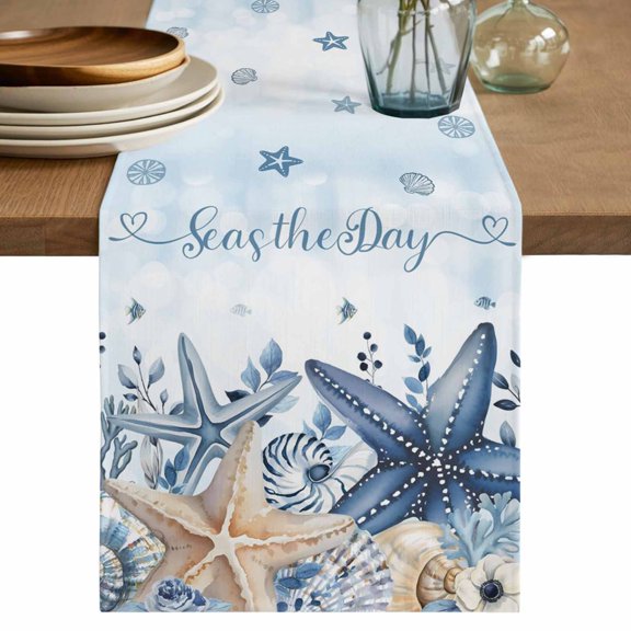 Navy Blue Starfish Coastal Table Runner 72 Inches, Nautical Summer Beach Coral Shell Bed Runner Dresser Scarves Tabletop for Indoor Outdoor Parties/Ceremony/Banquet, 18" x 72"