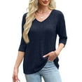 thumbnail image 5 of Otntypg Fall Womens Sweaters Trendy Basic V Neck 3/4 Sleeve Shirts Lightweight Dressy Casual Ribbed Knitted Pullover Blouses Loose Oversized Cozy Tunic Tops Blue L, 5 of 9