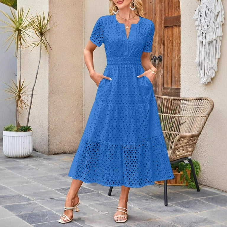 Royal Blue Womens Cutout Eyelet Ruched Elastic Waist Plain Maxi Long Loose  Fit Long Dresses for Ladies Sleeveless Short Sleeve V Neck Casual Summer  Fall Dresses 2025 L - Walmart.com