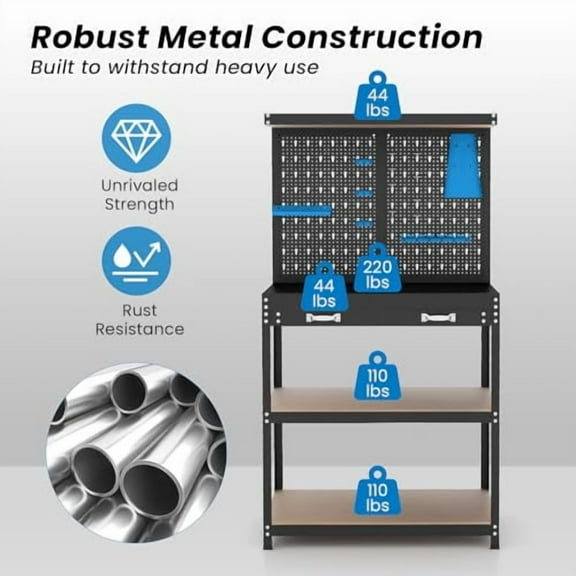 IRONMAX Workbench with Drawers, 32’’ Heavy Duty Workstation Organizer with 14 PCS Hanging Kits, 2 Storage Shelves & Long Drawer, Work Bench Table for Garage, Home, Workshop, Auto S