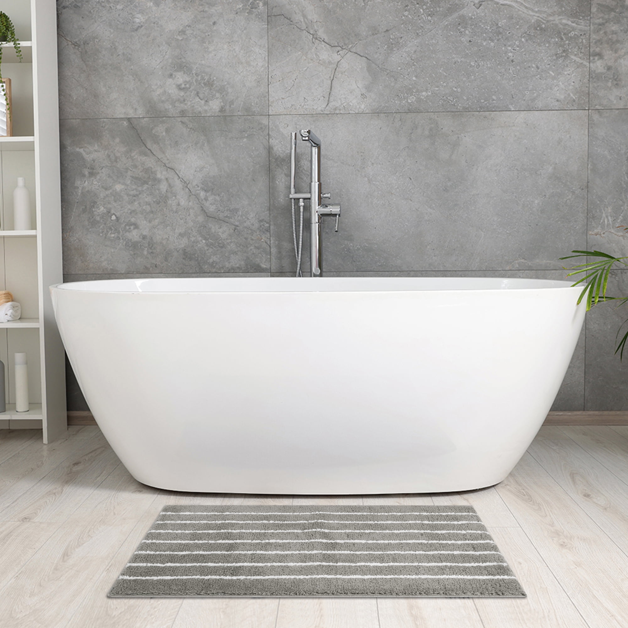 Unique Bargains Striped Bathroom Rug Non-Slip Fluffy Bath Carpet Water Absorbent Bathmat Dark Grey 16" x 24"