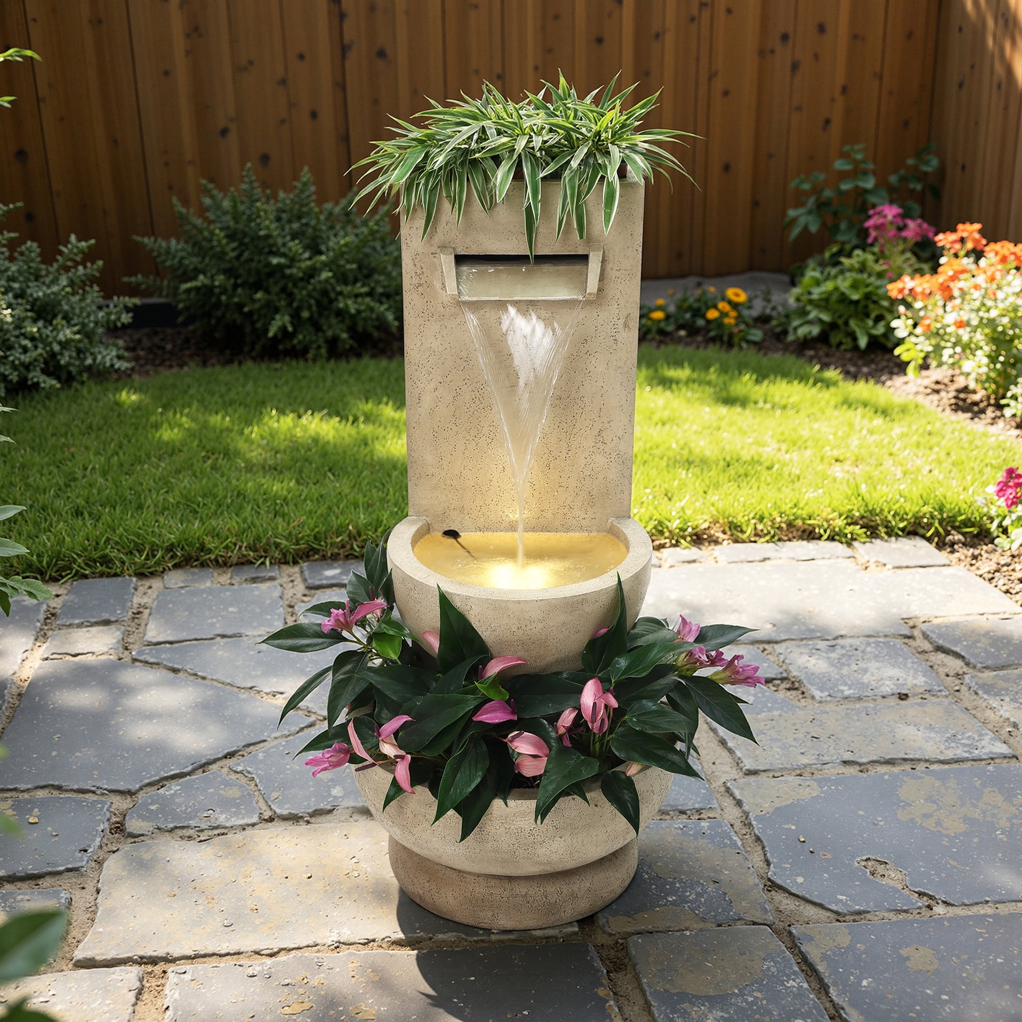 LuxenHome 2.7-Feet Tall Polyresin Fountain with Planter, Lighted Outdoor Water Feature