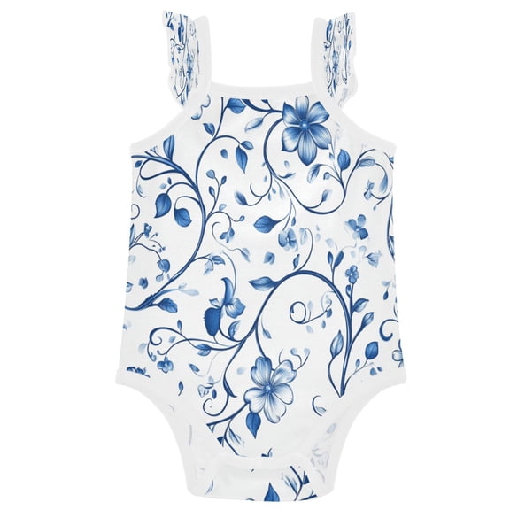 TTYFWHD Infant Toddler Baby Girl Romper Blue Floral Designs Ruffle Sleeveless Cotton Summer One Piece Bodysuit 3-24M
