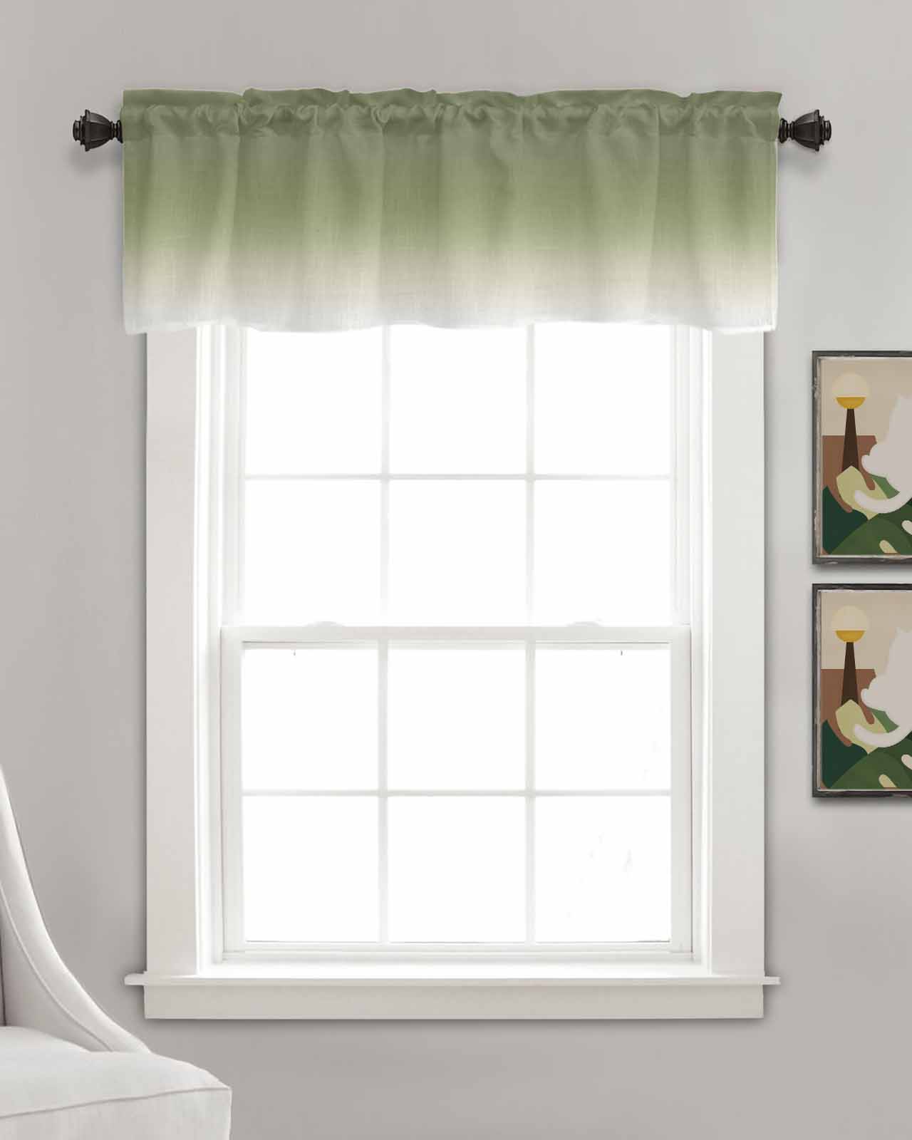 Sage Green Ombre Linen Curtain Valance for Bedroom/Bathroom/Kitchen/Office/Living/Dining Room Window,Farmhouse Sage Green Ombre Rod Pocket Topper Decorative Cafe Drapes Panel 54"x18"