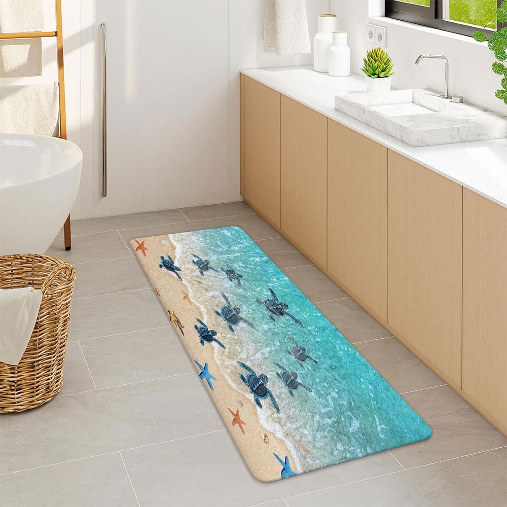 Sea Turtle Bathroom Rug, Nautical Turtle Non Slip Bath Mat with Underwater Seashell Bathroom Accessories Shower Mat Marine Animals Blue Ocean Kitchen Rug Non Slip Mat Soft for Toilet Tub RV (17"X48")