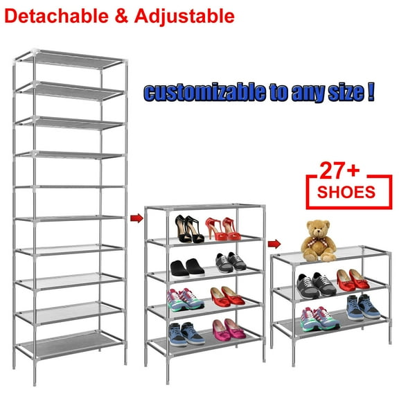 10 Tier 27Pairs Shoe Rack DIY Shoe Shelves Detachable Into 5 Short Shoe Racks
