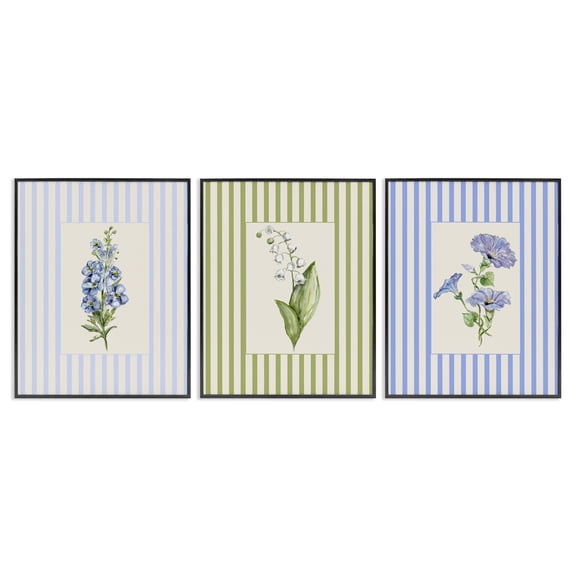 Soft Stripe Cottage Blooms 3 Piece Black Framed Giclee Art Set, design by Lisa Wehmeyer