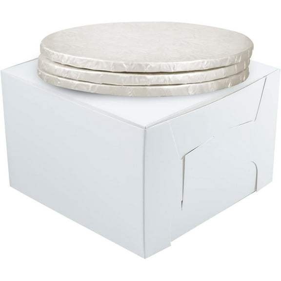 10" Combo Box Set - 10x10x5 1/2 White Cake Box with 10" White Round Drum 1/2", Pack of 3