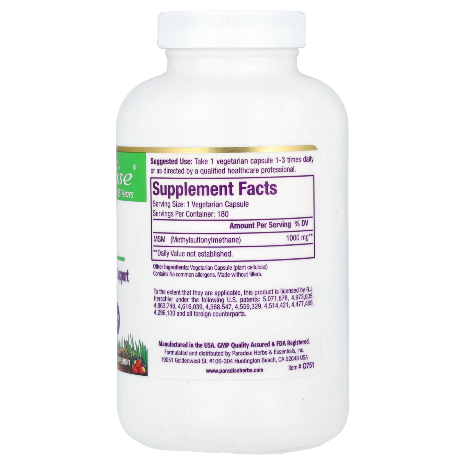 Paradise Herbs OptiMSM™, MSM, 1,000 mg, 180 Vegetarian Capsules