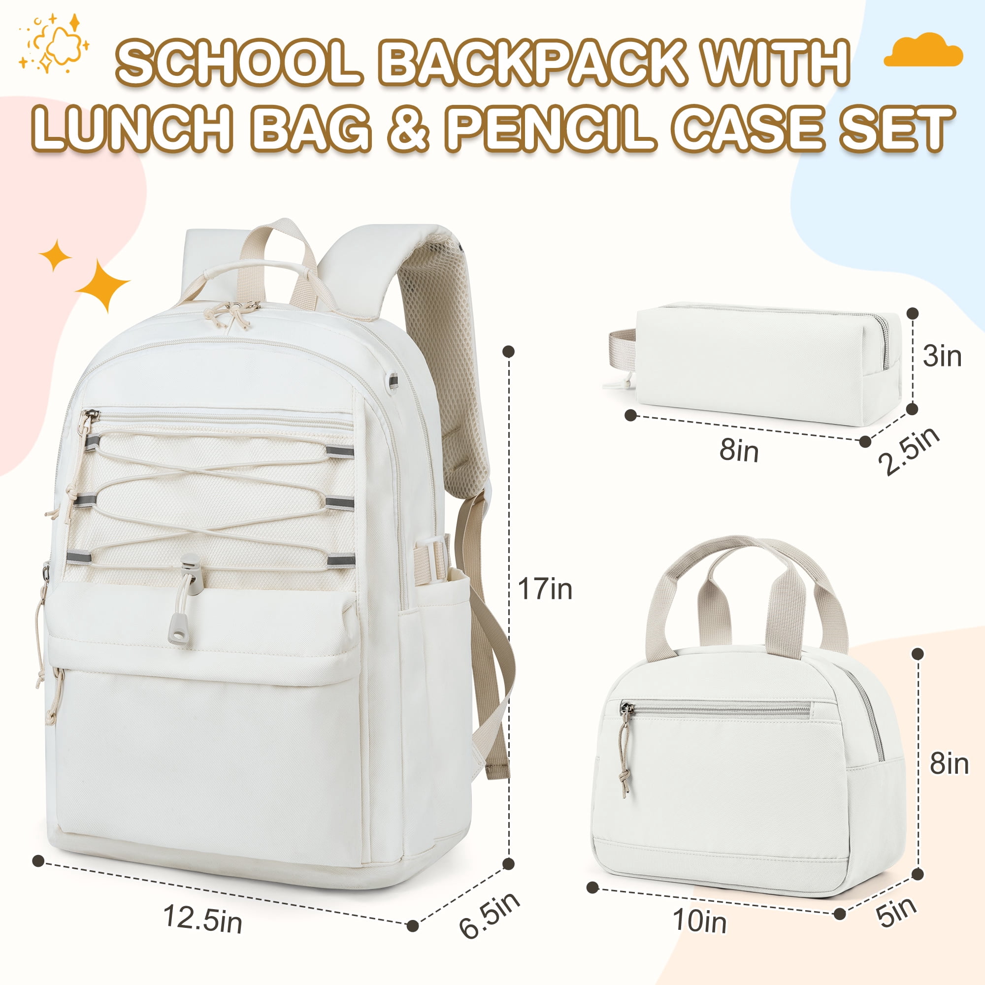 DAKIMOE 3 PCS School Backpacks for College Teens Cute Girlish Middle High School Bookbag Large Capacity Lightweight Waterproof Daypack for Students