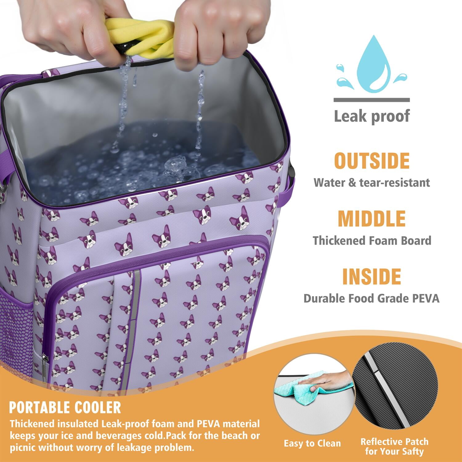 Travel Cooler Bag - Purple Boston Terrier Puppy Camping Beer Cooler Backpack with Bottle Opener- Waterproof Insulated Picnic Backpacks - Cooler Bag for Beach