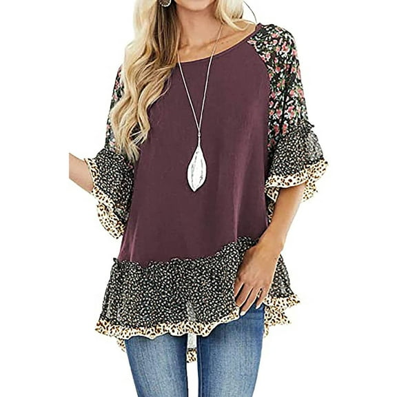 Chollius Women's Boho Shirts Ruffle 3/4 Sleeve Crew Neck Blouse Leopard Floral Print Patchwork Tunic Tops Plus Size Summer Hippie Clothing