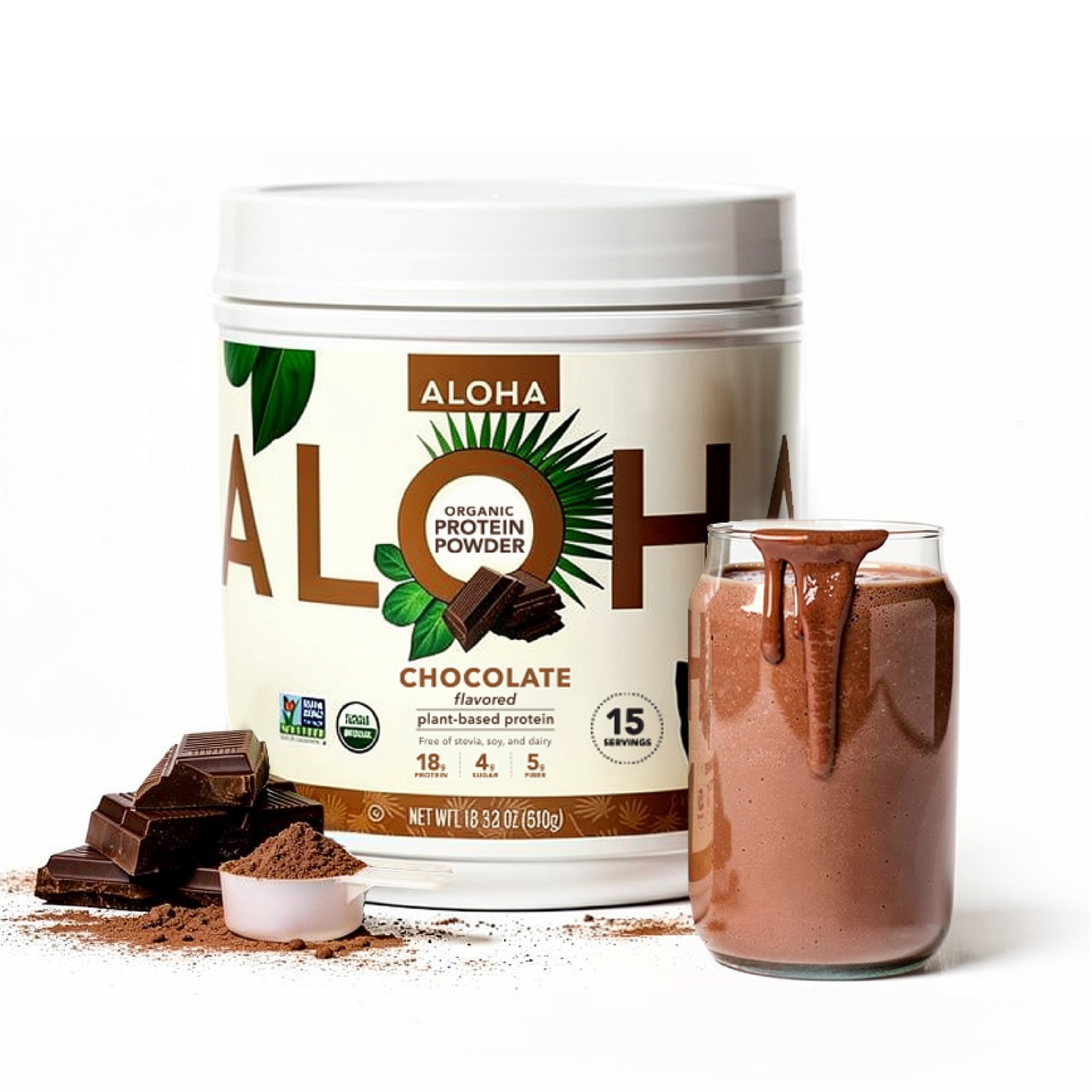 ALOHA Organic Plant Based Protein Powder, Chocolate, 18g Protein, 1.17 LB, 15 Servings, Vegan, Gluten Free, No Stevia