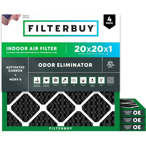 Filterbuy 20x20x1 MERV 8 (MPR 600) Odor Eliminator, Pleated HVAC AC Furnace Air Filters (4-Pack)