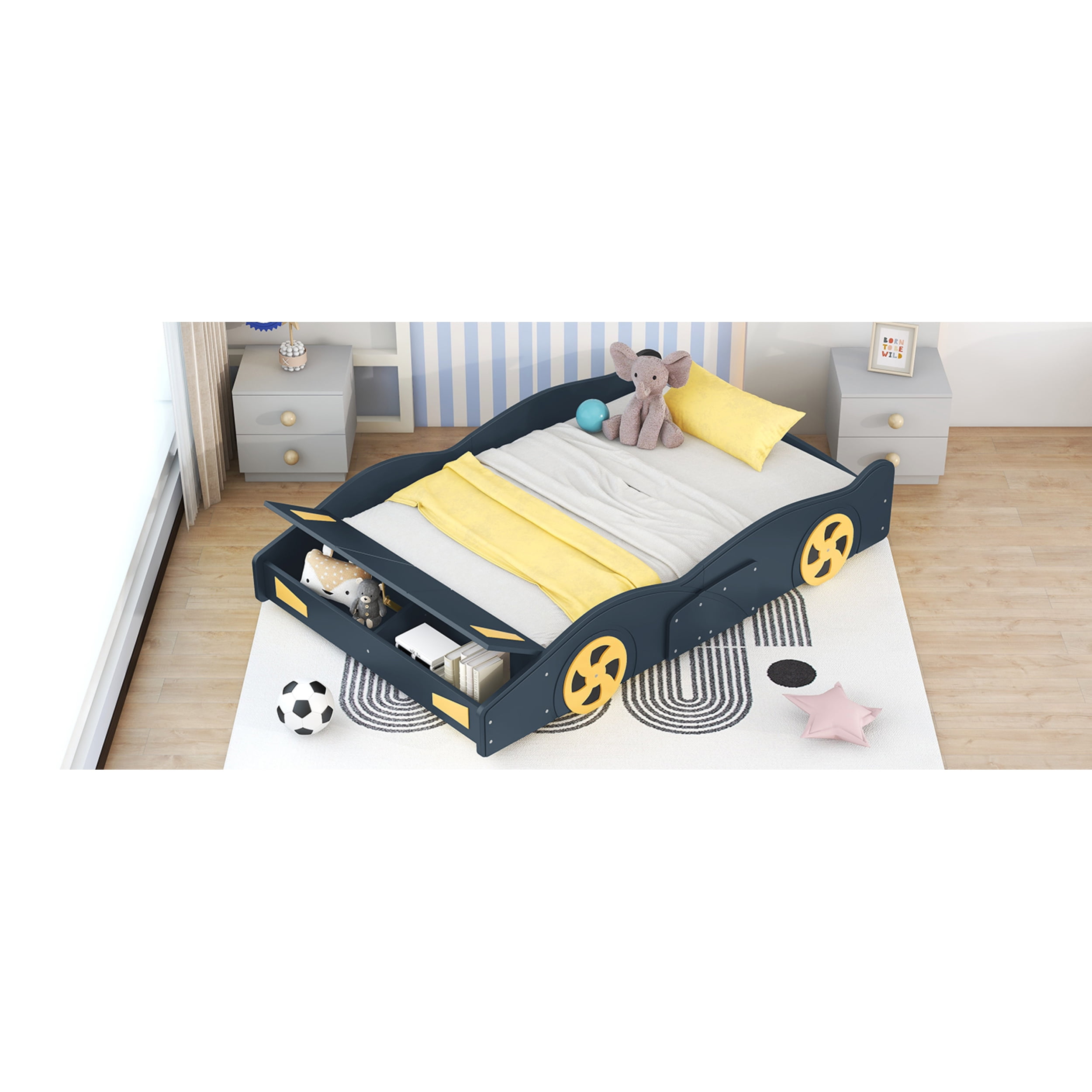 Full Size Race Car-Shaped Platform Bed with Wheels and Storage, Dark Blue&Yellow 60AAC