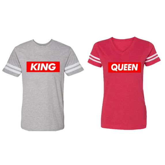 King Queen Hip Hop Matching Couple Cotton Jerseys (Men Heather / Women Red) (Men XXL / Women XXL)