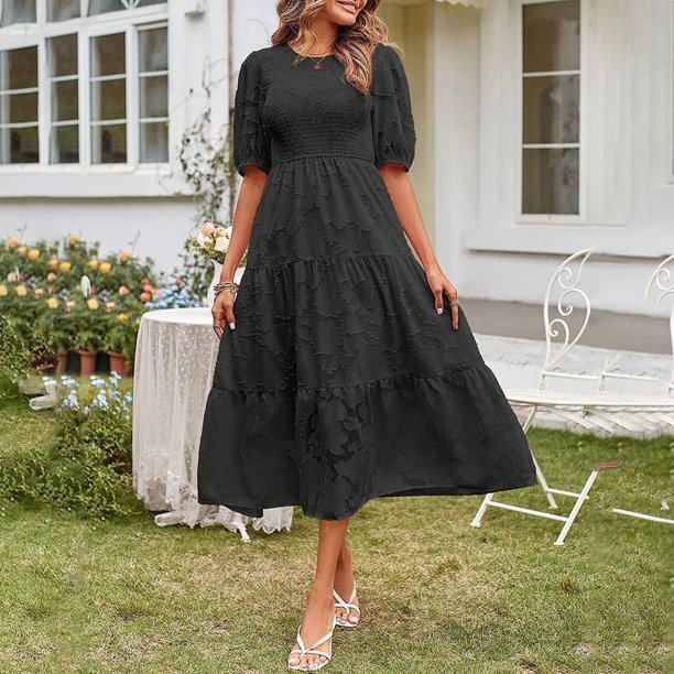 long summer dresses formal Wycnly for Women Beach Casual Elastic Waist Flowy Ruffle Swing Chiffon Dresses 2025 Short Sleeve Round Neck Plain Maxi Dress Black s ready to ship bridesmaid dresses