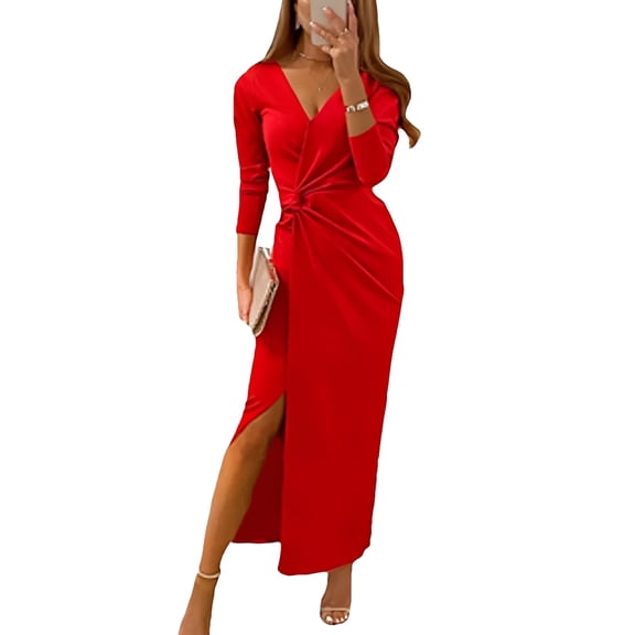Elegance Evening Dress, Long Sleeve Figure-Hugging Maxi with High Slit, Elegant Formal Dress for Wedding Guest, Dinner Date & New Year Red M