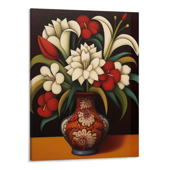 JRXY Floral and Botanical Traditional Wrapped Canvas Art - Mexican Flower Vase, Wall Art for Home, Living Room, Bedroom, Bathroom Decor, 16x20 Inch White and Brown 16x20in