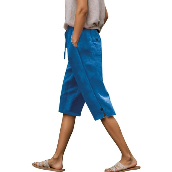 DuoJiaJ Womens Linen Shorts Knee Length Casual Loose Capri Pants Summer Elastic Waist Drawstring Pants With Pockets Women’s Casual Pants