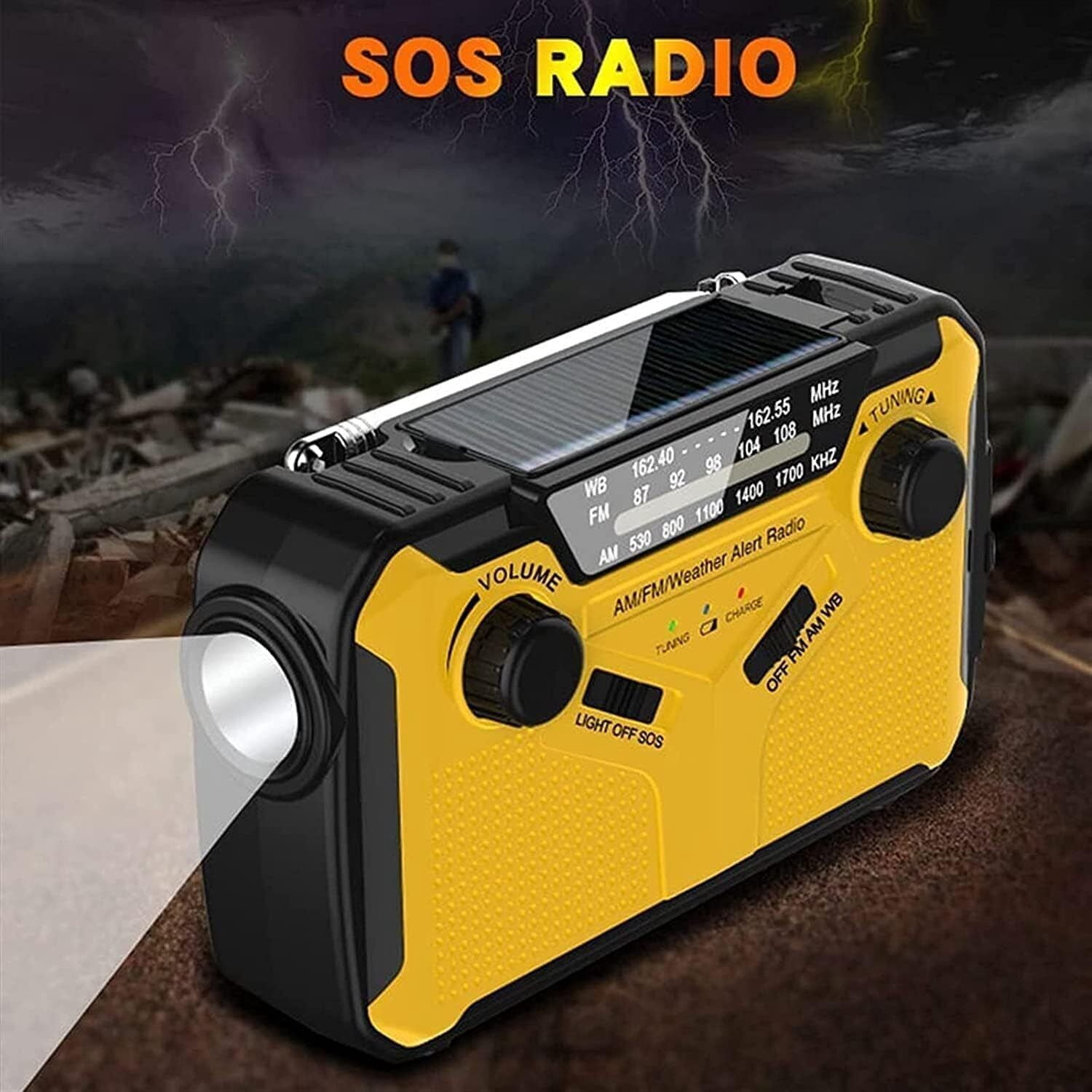 XZKING Emergency Weather Radio, AA Batteries/Hand Crank/Solar/USB Charging, NOAA/AM/FM, LED Flashlight and Reading Lamp,SOS Alarm & Flashlight,Yellow