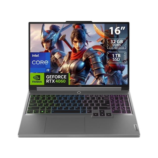 laptop gamer lenovo legion 5 16irx9: intel core i9 14900hx, ram 32gb ddr5, ssd 1tb, pantalla 16" rtx 4060 w11h — Vista frontal de laptop Lenovo gris con pantalla de 16" mostrando arte de juego, teclado en Inglés retroiluminado RGB, panel táctil grande y bordes de pantalla visibles; en pantalla se aprecian etiquetas: Intel Core i9, GeForce RTX 4060, 32 GB DDR5 y 1 TB SSD. También es adecuada como estación móvil para edición de video ligera.